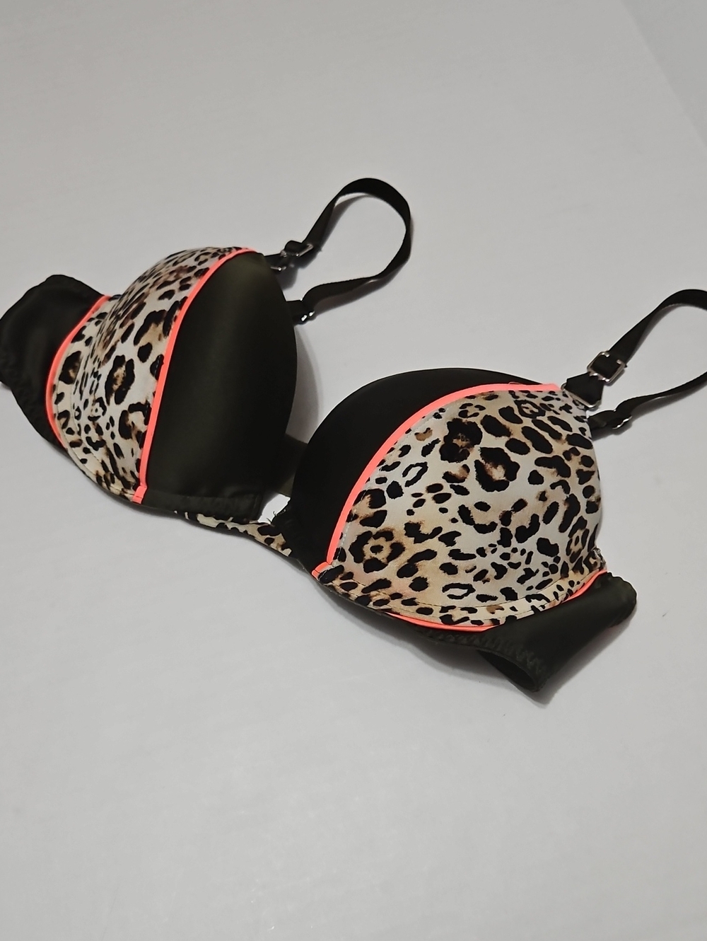 Victoria's Secret Leopard Push-Up Bra with Neon Coral Trim Size 34B